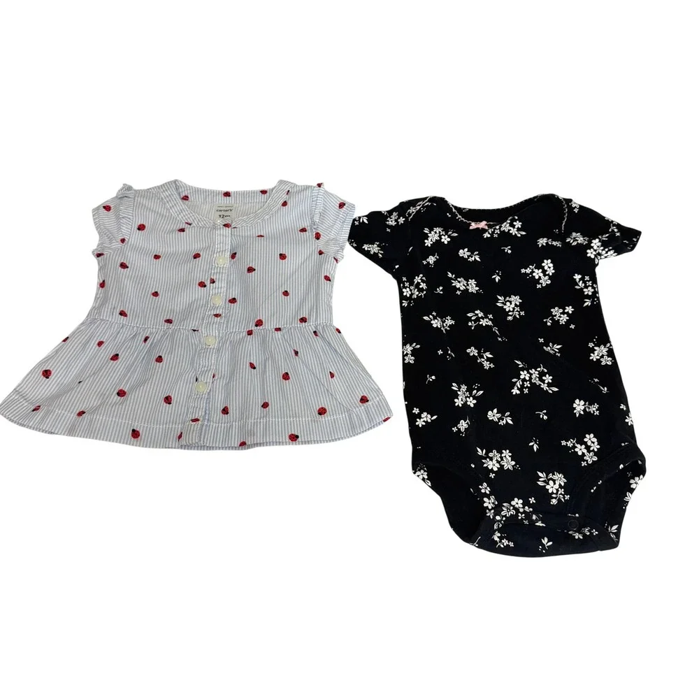 Carters Baby Girl 12M Blue Ladybug Peplum Top and Black Floral Bodysuit Lot 2pc